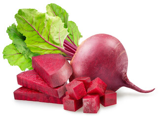 Red beetroot with greens and beetroot cut in cubes and slices isolated on white background.