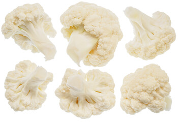 Cauliflower inflorescences isolated on white background. Small cauliflower cabbage parts are...