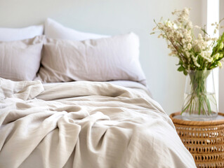 Scandinavian, provence interior design of modern bedroom, close up.