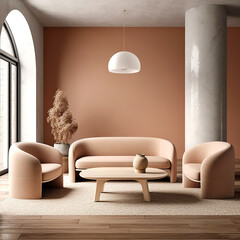 Two armchairs and sofa against terra cotta wall and concrete column, Minimalist japandi style interior design of modern living room, home.
