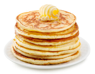 Stack of pancakes with butter swirl on top on white plate. PNG transparent background.