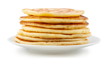 Stack of pancakes on white plate. PNG transparent background.