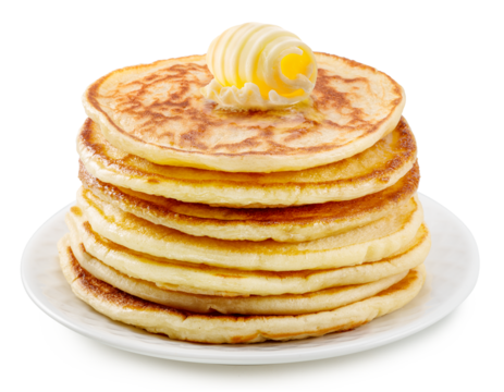 Stack of pancakes with butter swirl on top on white plate. PNG transparent background.