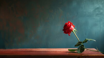 A single red rose placed delicately atop a wooden table, contrasting the vibrant petals against the rustic surface - Powered by Adobe