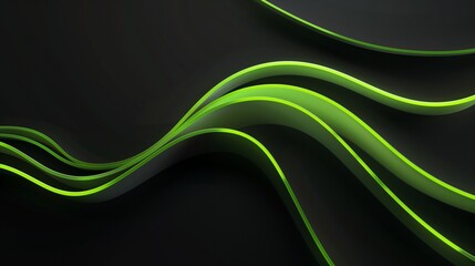Green neon color strip wave paper on black. Abstract texture copy space background.