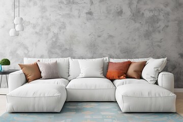 Contemporary Modular Sofa with Colorful Cushions against Stucco Wall