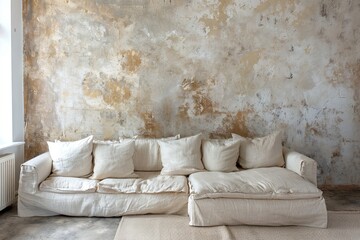 Contemporary Modular Sofa with Colorful Cushions against Stucco Wall