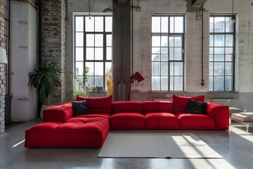 Loft Living Room with Red Modular Sofa and Industrial Decor