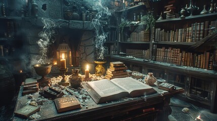 A warlock's den, captured in documentary photography style, filled with mystical artifacts and ancient books, ideal for a fantasy-themed magazine