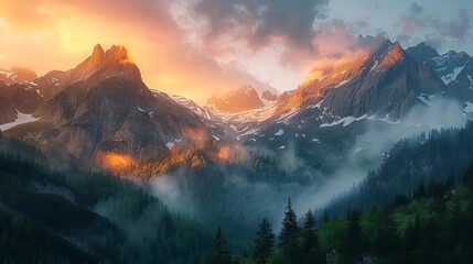 Alpine landscapes at sunrise, captured in documentary photography style, showcasing the serene beauty and rugged terrain of mountain peaks for a nature magazine