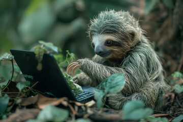 Naklejka premium An adorable old sloth sitting in a forest setting and watching something in a computer, a lovely and funny meme on social media.