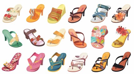 A collection of fashion sandal illustrations set against a white background, featuring summer shoes in cartoon vector format, showcasing diverse styles of sandals