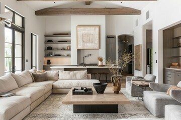 Modern Living Room with Rustic Beams and Neutral Tones