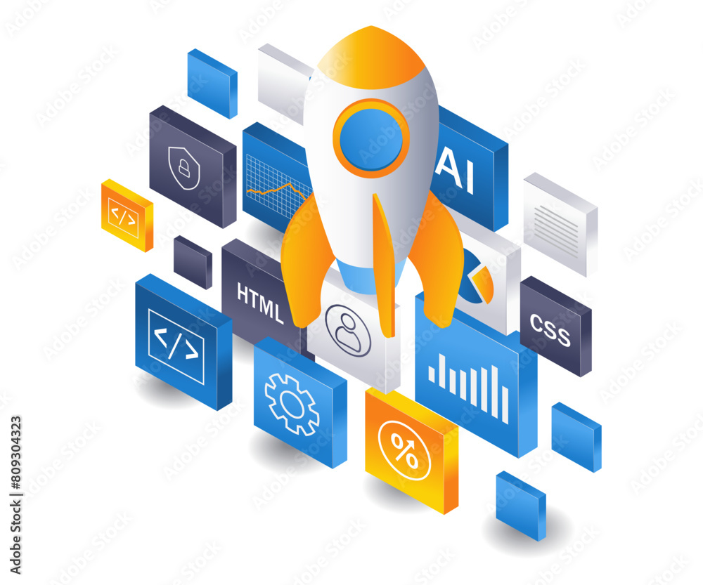 Poster startup product web business application infographic 3d illustration flat isometric