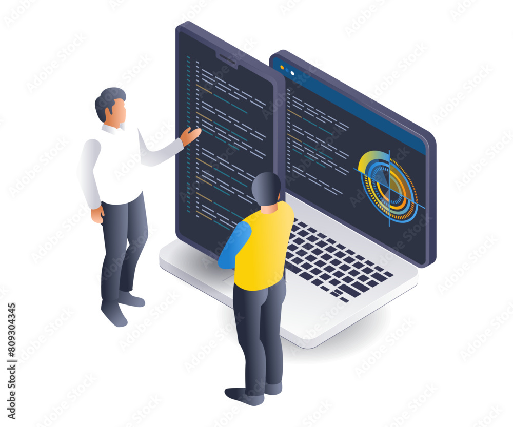 Aufkleber Team of programmers computer technology analysts isometric flat illustration