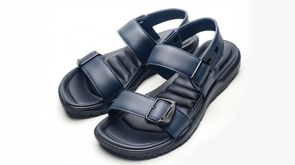 A pair of men's sandal footwear in navy, isolated against a white background, emphasizing a simple and elegant design suitable for couples