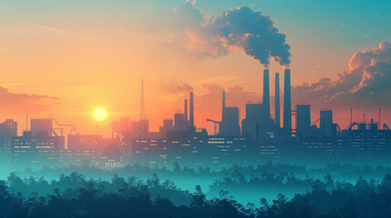 The sun sets over an industrial landscape marked by multiple smokestacks emitting pollution into the sky.