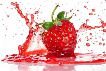 juicy red strawberry jam splashing with bubbles and swirls isolated on white background