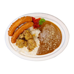 Curry Rice with Sausage Deep Fried Chicken or Katsu-kare , Japanese style food , isolated on white background. Top view.