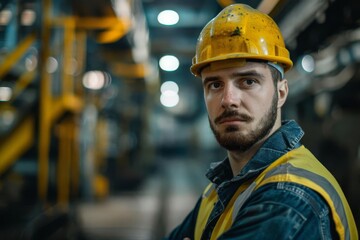 male factory worker portrait looking at camera industrial setting