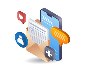 Smartphone social media email, infographic 3d illustration flat isometric