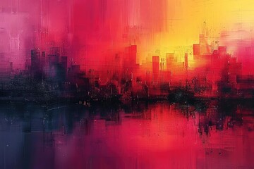 Obraz premium An abstract painting of a cityscape at sunset. The colors are vibrant and the brushstrokes are thick and expressive. The painting has a sense of energy and movement.