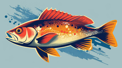 Fototapeta premium Artistic and colorful retro-style illustration of a fish with detailed scales and fins.