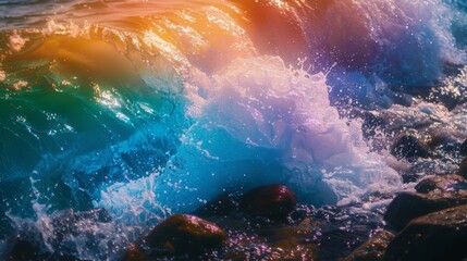 Fototapeta na wymiar Vibrant rainbow-colored wave crashing on rocky shore at sunset