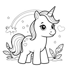 Vector illustration of a cute Unicorn drawing for colouring page