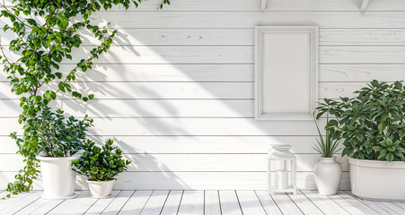 White Patio with Plants and Frame Mockup. A serene white patio with a wooden deck, potted plants, and a blank frame mockup on the wall, perfect for showcasing artwork or photography. 