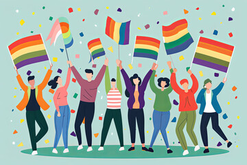 Joyful Group of People Celebrating Love and Diversity With Heart Balloons and Rainbow Flag
