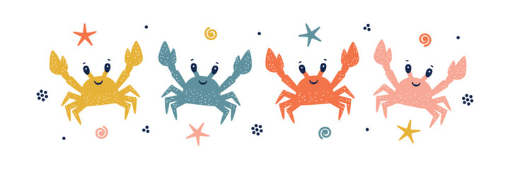 T-shirt Print Design for Kids with Little Cute Crabs. Cartoon Sea Animal. Childish poster design, Baby Shower Greeting Card. Hand drawing. Vector illustration.