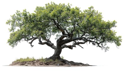 A large, old tree with a thick trunk and gnarled branches. The tree is in full bloom, with lush green leaves. The roots are exposed and twisted.