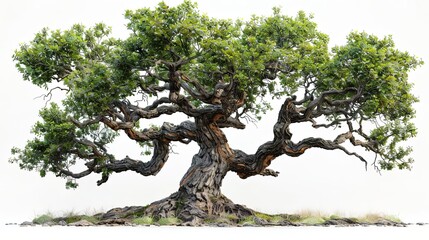 Photo of a large and old tree with gnarled branches and green leaves.