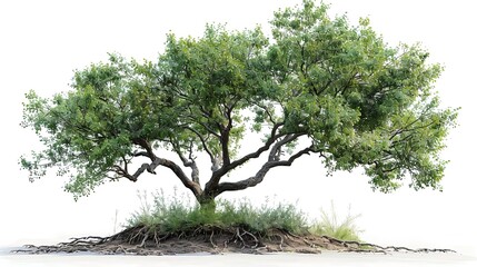 A large, old tree with a thick trunk and gnarled branches. The tree is covered in lush green leaves. The roots of the tree are exposed, showing how they have grown over time.