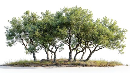 Fototapeta premium A group of realistic trees with green leaves and twisted trunks rendered in Blender Cycles. The trees are set against a transparent background and are isolated from the ground.