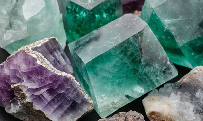 The crystals exhibit a rich palette of colors, including deep purples and vibrant greens, giving them a mesmerizing, jewel-like appearance.