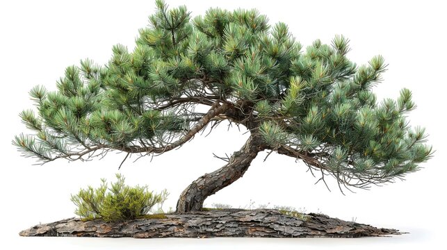 A highly detailed 3D rendering of a Japanese Black Pine bonsai tree with a sinuous trunk, exposed roots, and lush green foliage, set against a white background