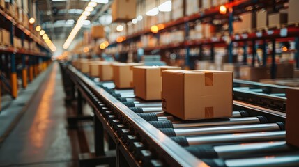 A box moves along a conveyor belt in a modern warehouse.
