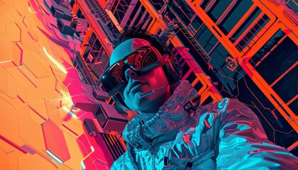 3D Futuristic illustration Pop art color of a musician, blending old genres in a new world, in cyberpunk color, synth wave