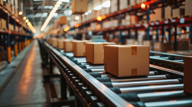 A box moves along a conveyor belt in a modern warehouse.