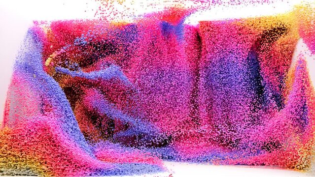 3D render of abstract art video animation 3D background with surreal motion moving festive wavy party ball sphere particles liquid substance in blue purple hot pink gradient color in rectangle shape