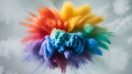 close-up of an explosion of colored powder just moments after ignition. The powder forms a dense cloud with a rainbow spectrum of colors, blending and swirling together.