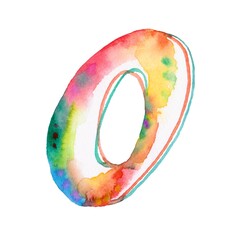 A colorful rainbow watercolor number 0 on a white background