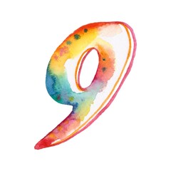 A colorful rainbow watercolor number 9 on a white background