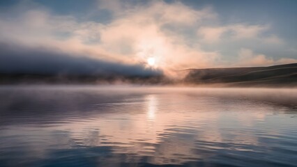 Fototapeta premium A stunning photorealistic landscape depicting a serene lake surrounded by a delicate veil of mist at sunset. tranquil water's surface in a warm light.