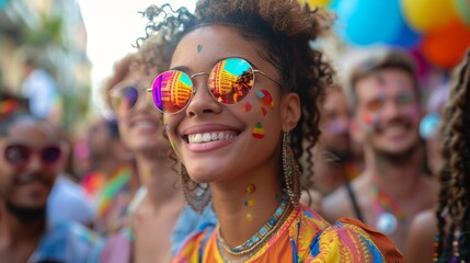 Vibrant young woman enjoying a colorful pride parade in summer