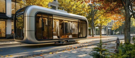 Obraz premium A fashion boutique on wheels travels the city, using AI to customize clothing designs based on the local weather and fashion trends it encounters