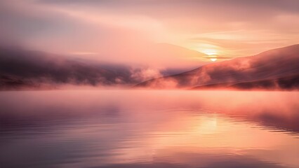Obraz premium A stunning photorealistic landscape depicting a serene lake surrounded by a delicate veil of mist at sunset. tranquil water's surface in a warm light.