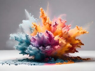 Fototapeta premium close-up of an explosion of colored powder just moments after ignition. The powder forms a dense cloud with a rainbow spectrum of colors, blending and swirling together.